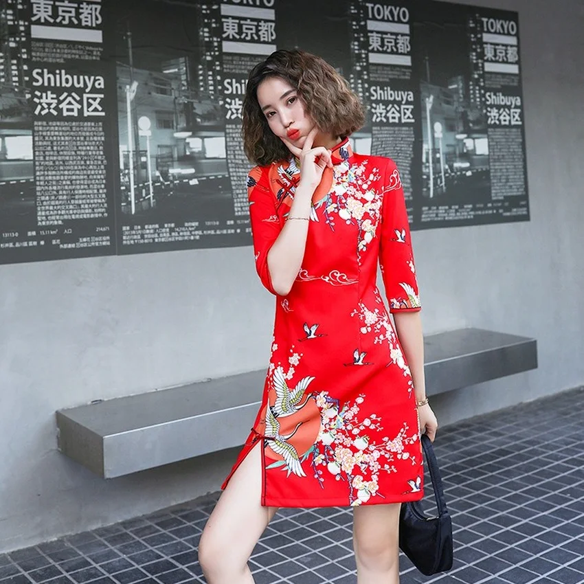 

Chinese Traditional Dress for Women Short Style Satin Silk Tight Bodycon Female Cheongsam Qipao Oriental Kimono Bath Robe Gown