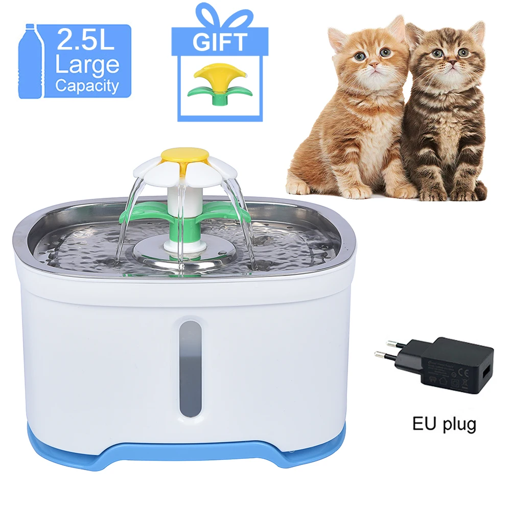 EU Plug Автоматическая кошачья вода, 2 цветка, светодиодный, электрическая кормушка для воды, для собак, для домашних животных, поилка, миска для домашних животных, питьевой фонтан, диспенсер для миска для кошек и собак - Цвет: EU Plug