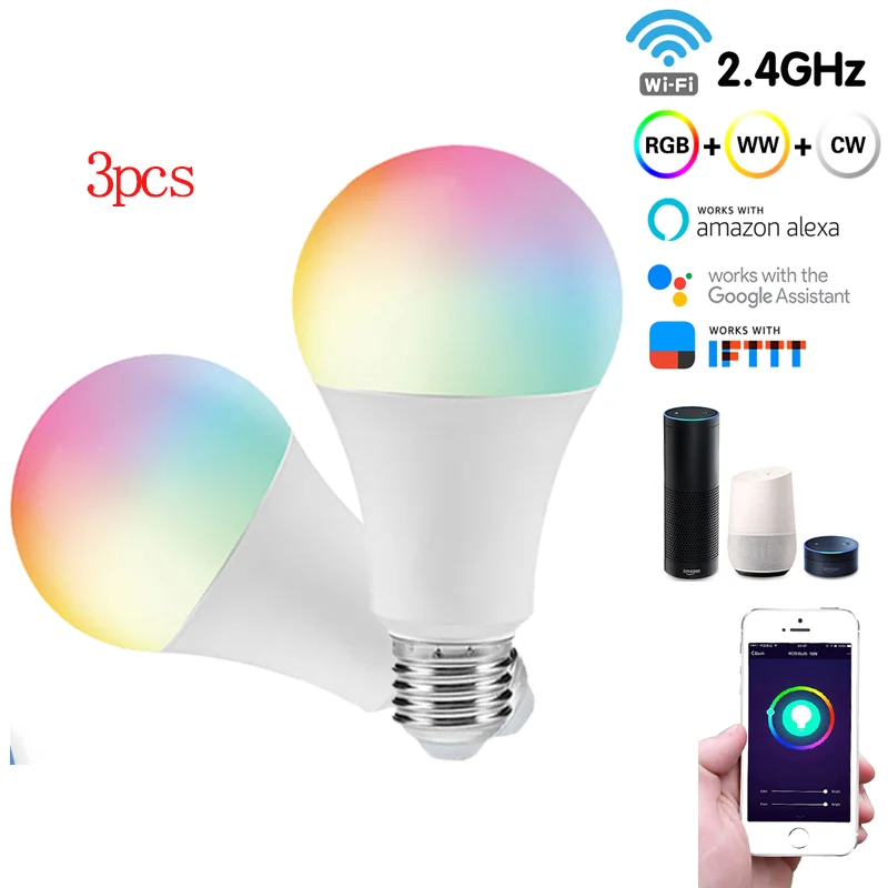 

9W 10W WiFi умный светильник лампочка E27 цветная (RGB) Светодиодная лампа для Alexa/Google Home RGB + белый с регулируемой яркостью таймер Функция Смарт Упра...
