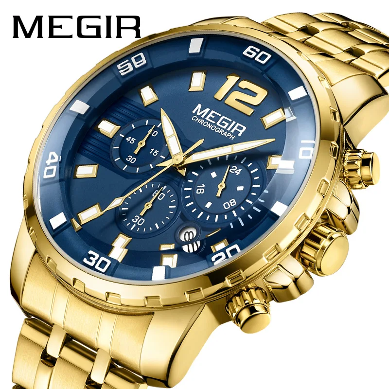 

Megir Men's Gold Blue Stainless Steel Quartz Watches Business Chronograph Wristwatch For Man Waterproof Luminous Men Clock