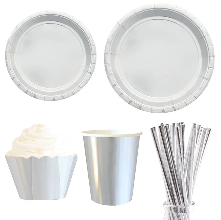 Однотонная одноразовая посуда серебряные бумажные тарелки чашка соломка