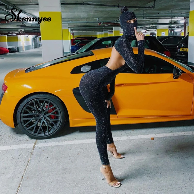 

Skennyee Ribbed Fitness Active Wear Turtleneck Knit Rib Bodycon Jumpsuit Elegance Long Sleeve Backless Free Hat Overalls