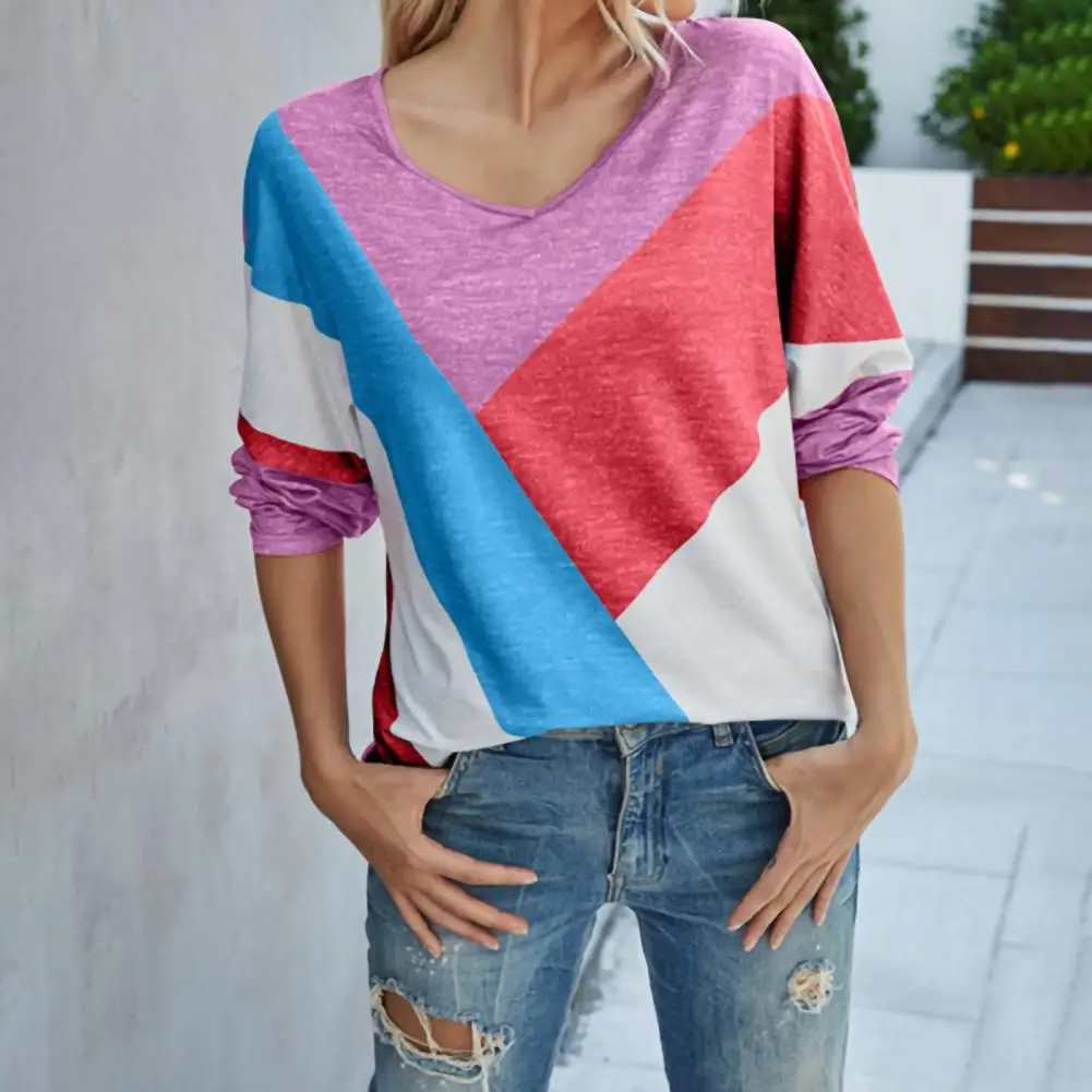 

Women Pullover Stylish Loose Color Block Print T-shirt Autumn Women Blouse