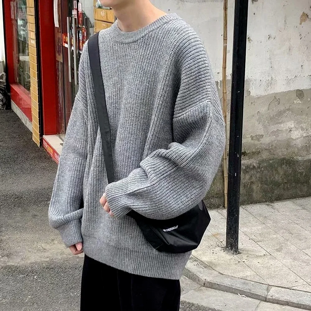 Men Autumn Winter Casual Tops Long Sleeve Shirts Crew Neck Sweaters Men Solid Color Street Fashion Clothing Oversized Sweaters