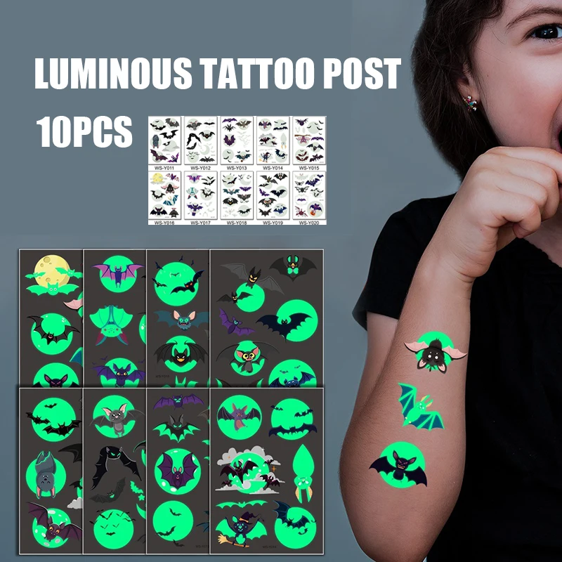 

10 Sheets Temporary Tattoos Stickers Luminous Bats Tattoo Stickers Waterproof Lasting Halloween Makeup Decals