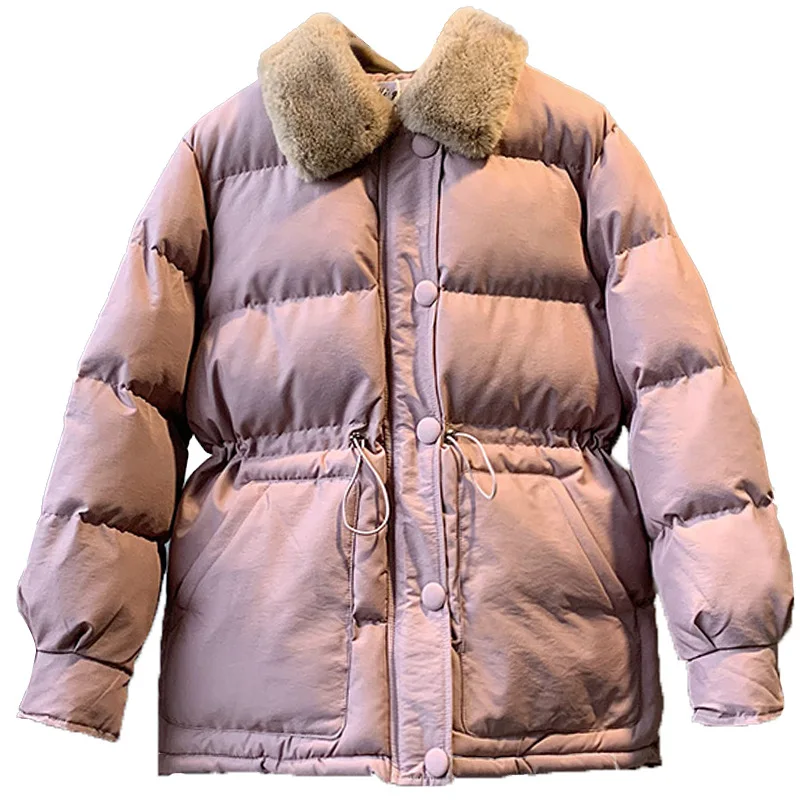 

New Fur Collar Parkas Solid Color Winter Thicken Warm Adjustable Waist Jackets Women Oversize Female Loose Cotton Padded Coat