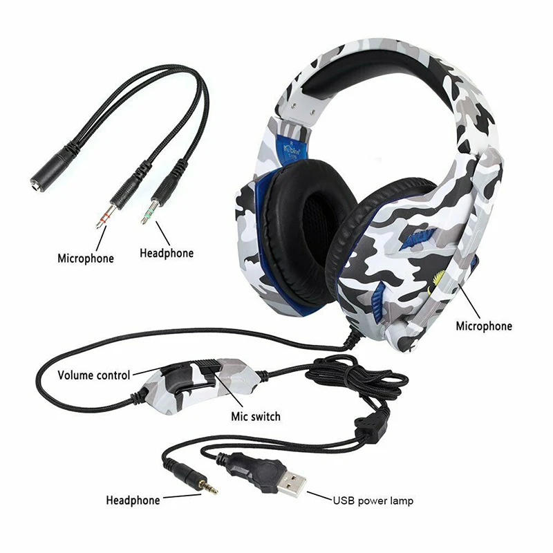 

3.5mm Gaming Headset with Mic LED Camouflage Headphones for PC Laptop Game Console GK99