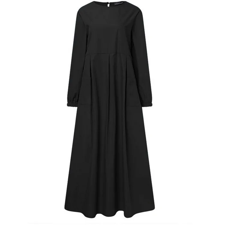 

Cotton literature and art leisure sleeve splicing long sleeve mid waist solid color dress