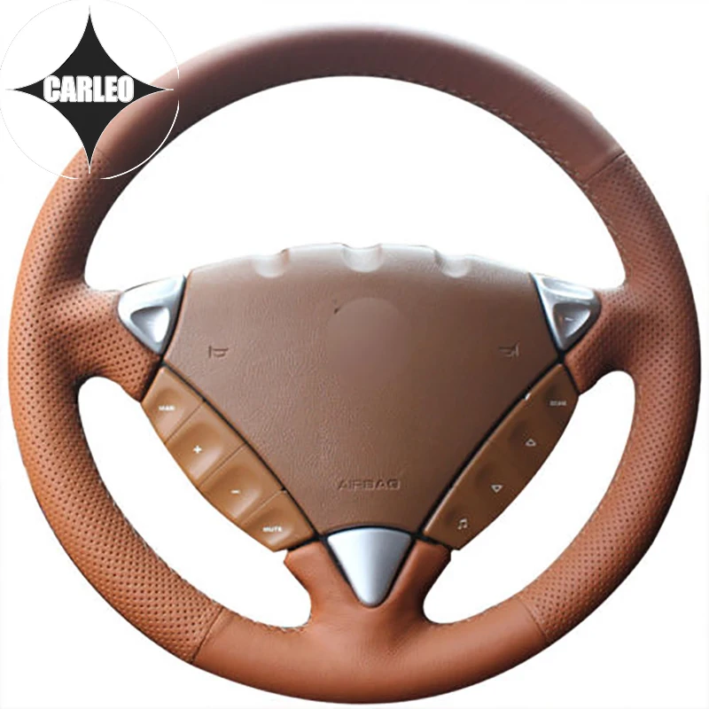 

DIY чехол рулевого колеса автомобиля для Porsche Cayenne 2007-2010 натуральной коричневой кожи на заказ ручная вышивка держатель Топ Слои Обёрточная бу...