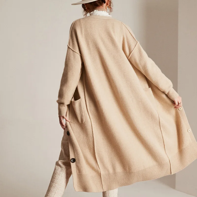 

Cardigan Long 2021 New Womens Autumn Winter V-neck 100% Cashmere Coat Lazy Outdoor Sweater Women Single Breasted