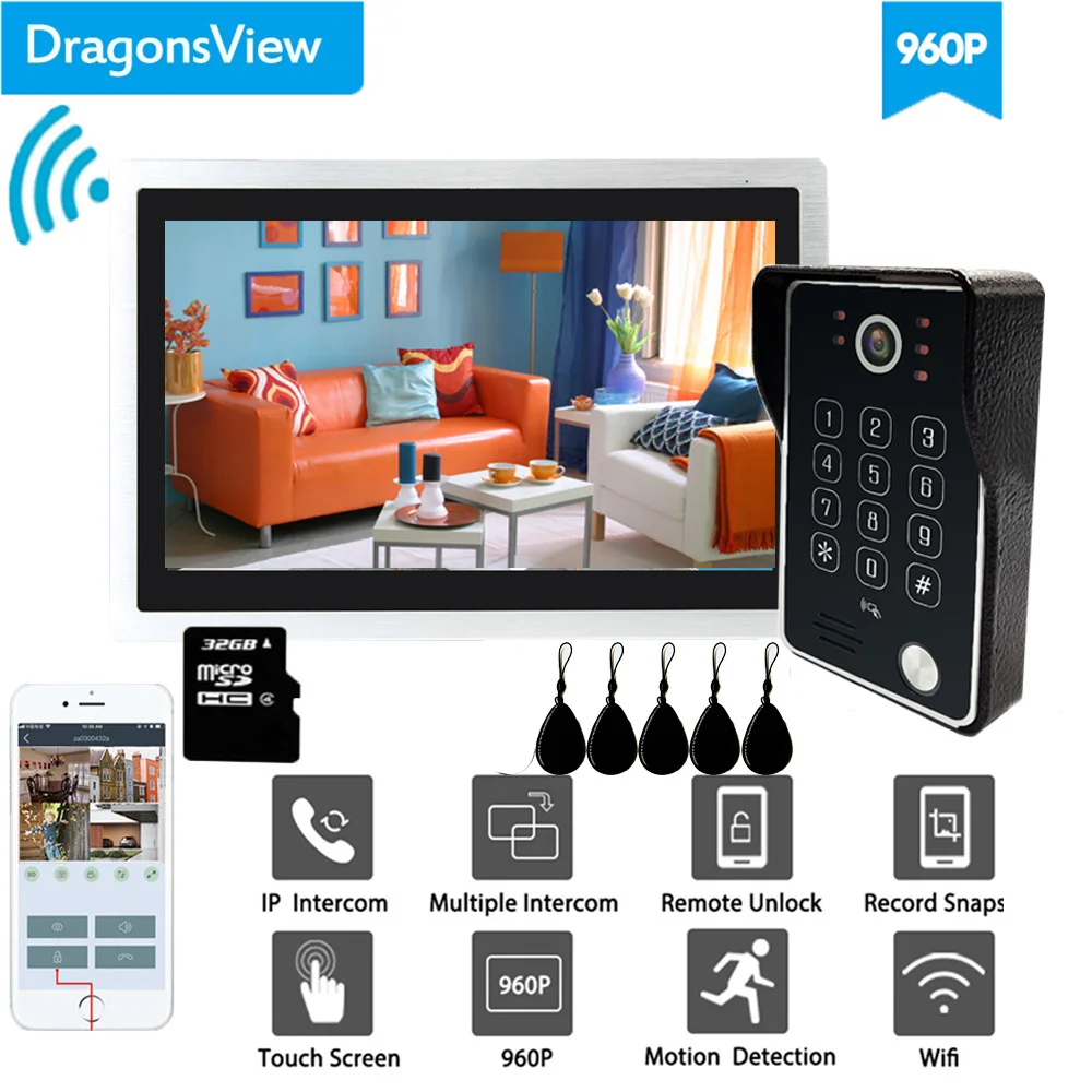 Dragonsview 10 дюймов Wifi система внутренней связи беспроводной дверной звонок камера