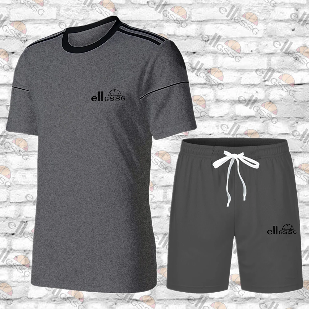 

Summer men's casual fashion T-shirt round neck striped letter printing high-quality sportswear+fitness bodybuilding shorts 2pcs