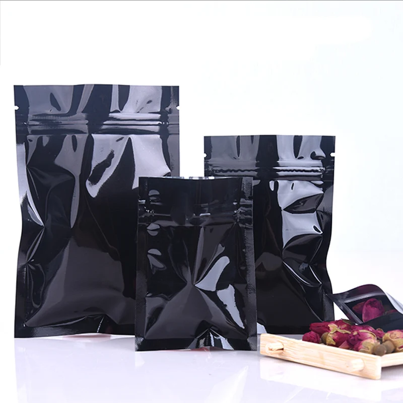 

100pcs Black Glossy Self Seal Aluminum Food Bag Resealable Heat Seal Mylar Bags For Coffee Powder Snack Tea Storage Pouches