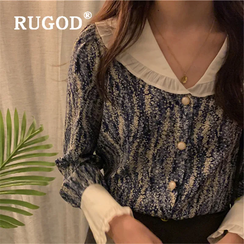 RUGOD три четверти рукав в Корейском стиле Ретро стиль с рисунком блуза длинным