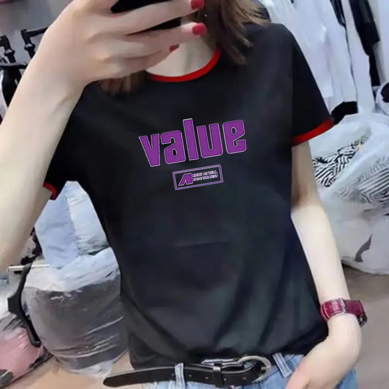

Pure cotton Europe station summer 2021 new European fashion letter short sleeve T-shirt slim top