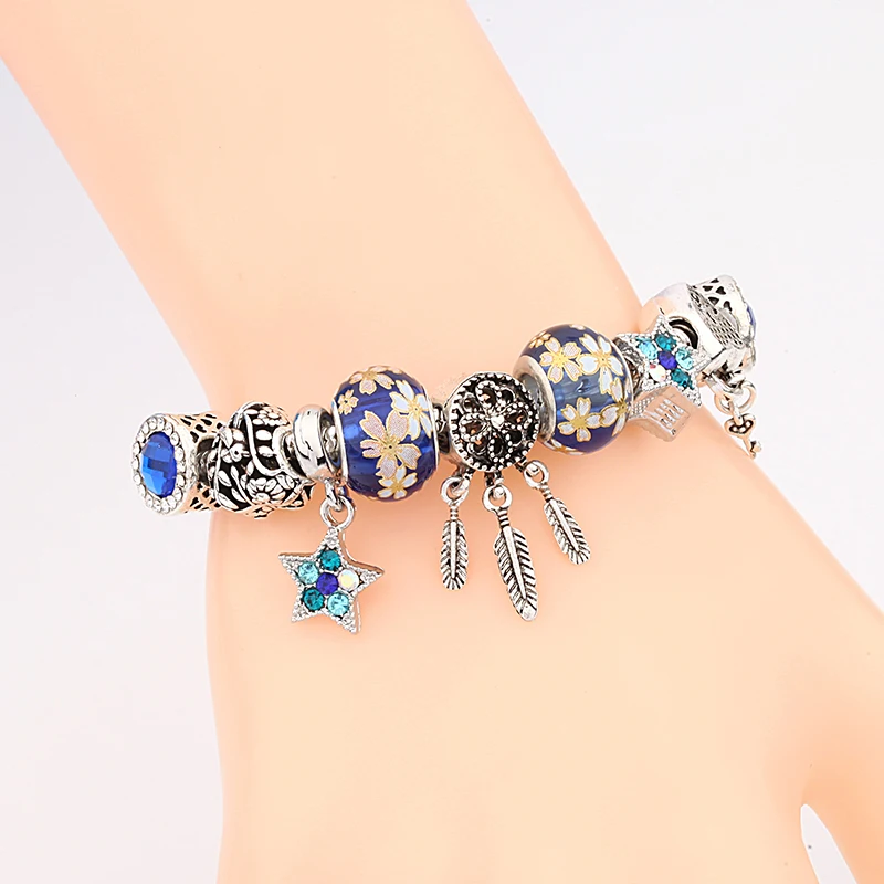 Silver Color Dream Catcher Charm Bracelet with Heart Key Dark Blue Crystal Bead Bracelet Pentagram Bracelet Men Homme Pulsera