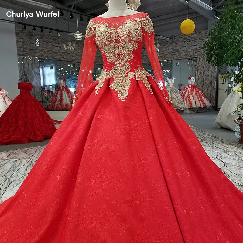 LS01585 2018 золотые цветы красный вечернее платье тюль длинный рукав O образным