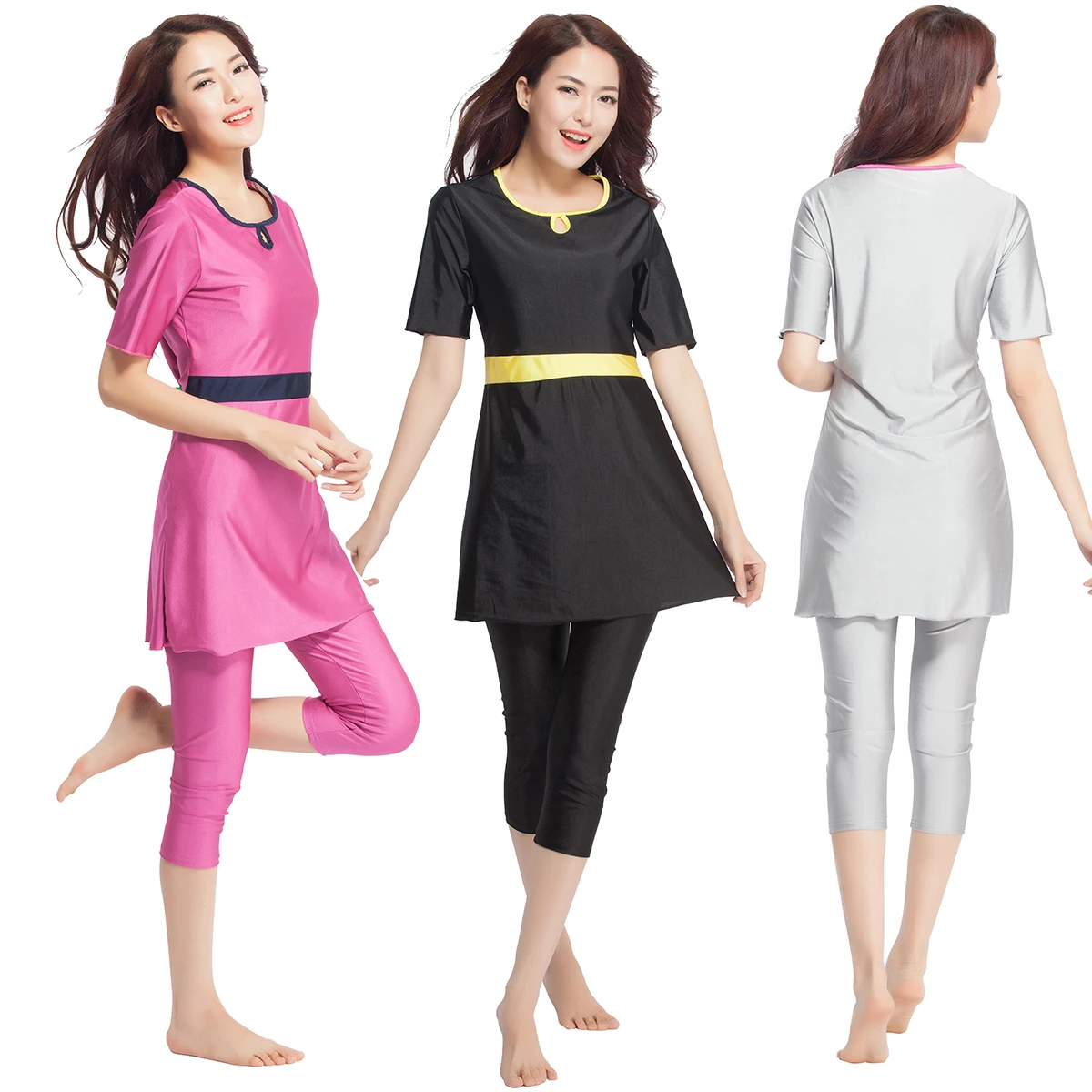 Women Muslim Swimsuit Slim Short Sleeve+carpri Leggings Arab Islamic Muslem Maillot De Bain Lady Bathing Swimwear Girls Tankini