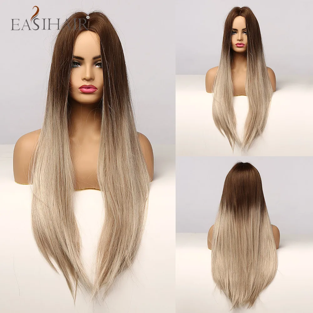 

EASIHAIR Long Silky Straight Synthetic Hair Wigs for Women Ombre Dark Brown to Blonde Heat Resistant Cosplay Daily Party Wigs