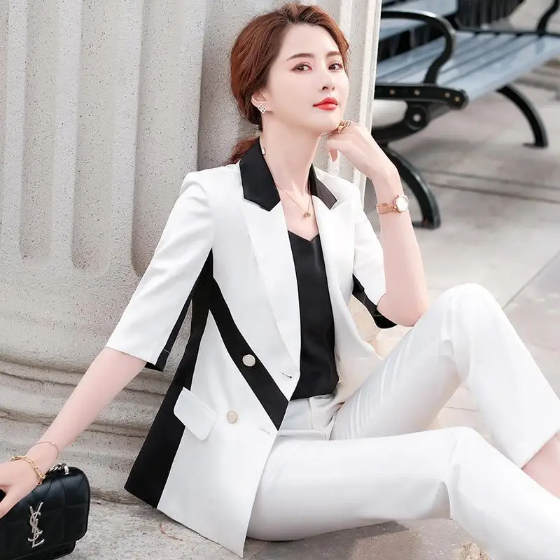 

Women 2021 Summer Two Pieces Set Office Lady Blazer Suit Female High Waist Loose Trouser Suit Pants Work Blazer Jacket Sets U217