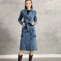 free shipping denim double breasted women long sleeve m 2xl vintage embroidery turn down collar trench autumn coats knee length