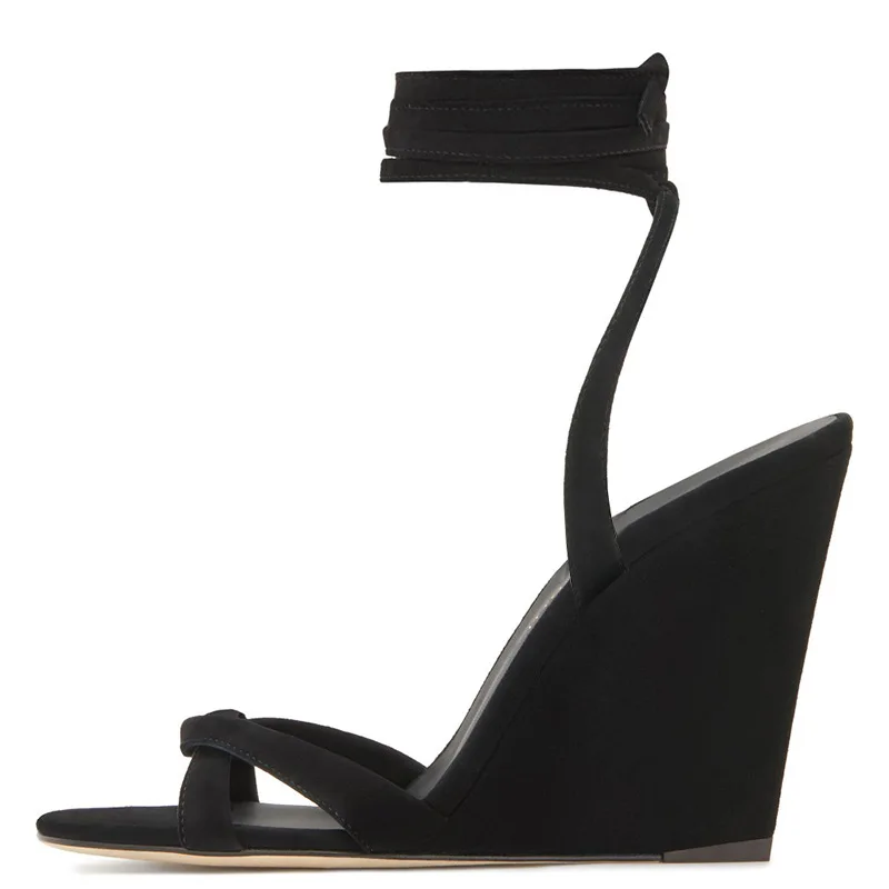 

Women's large fashion slope heel sandals black ankle strap 2020 summer new