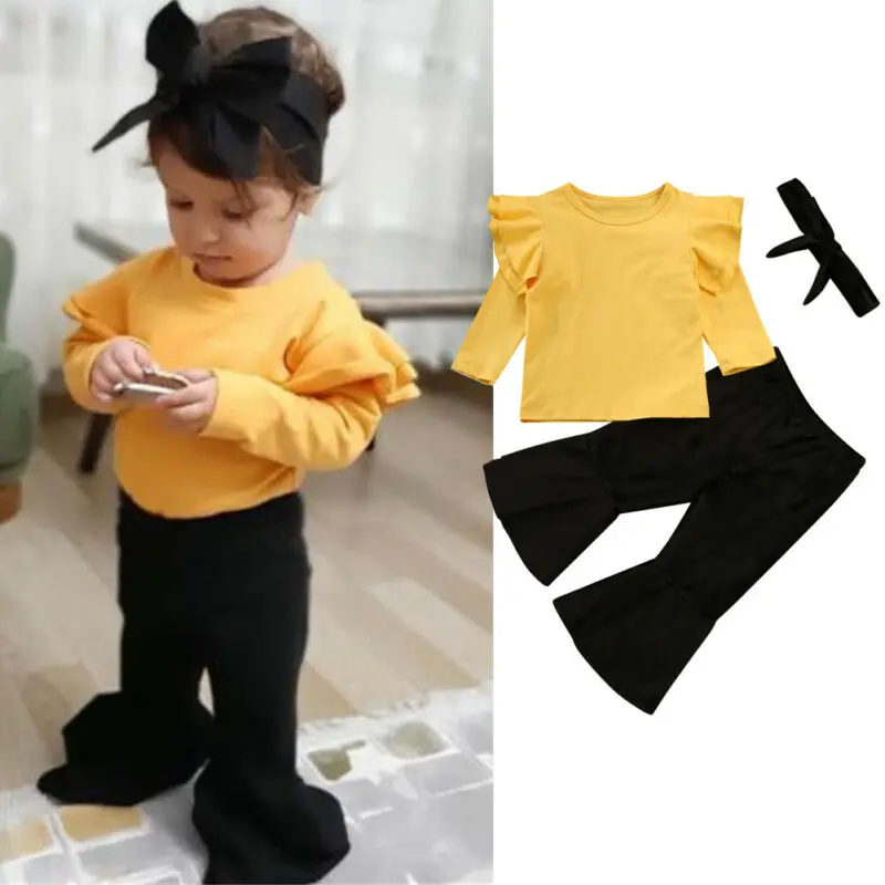 

Коллекция 2019 года, одежда для малышей на весну и осень, Яркие топы, расклешенные брюки, повязка на голову, наряд, комплекты одежды для новорож...