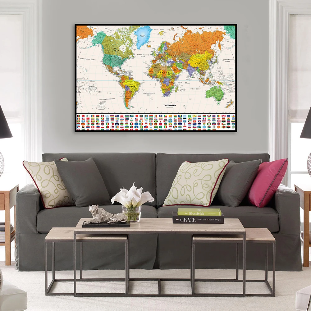 

60*40cm The World Political Map with National Flags Retro Canvas Painting Wall Art Poster School Supplies Living Room Home Decor