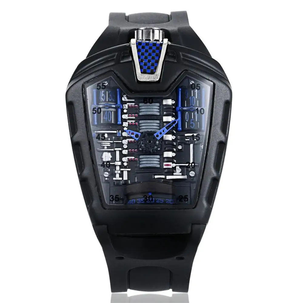 

KIMSDUN Men Transparent Steampunk Copy High Quality 3D Face Black Watch Male Silicone Strap Full of personality Wristwatch