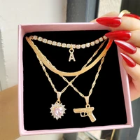 statement pistol pendant necklace for women multi layer heart letter rhinestone choker necklaces boho trendy party jewelry gift
