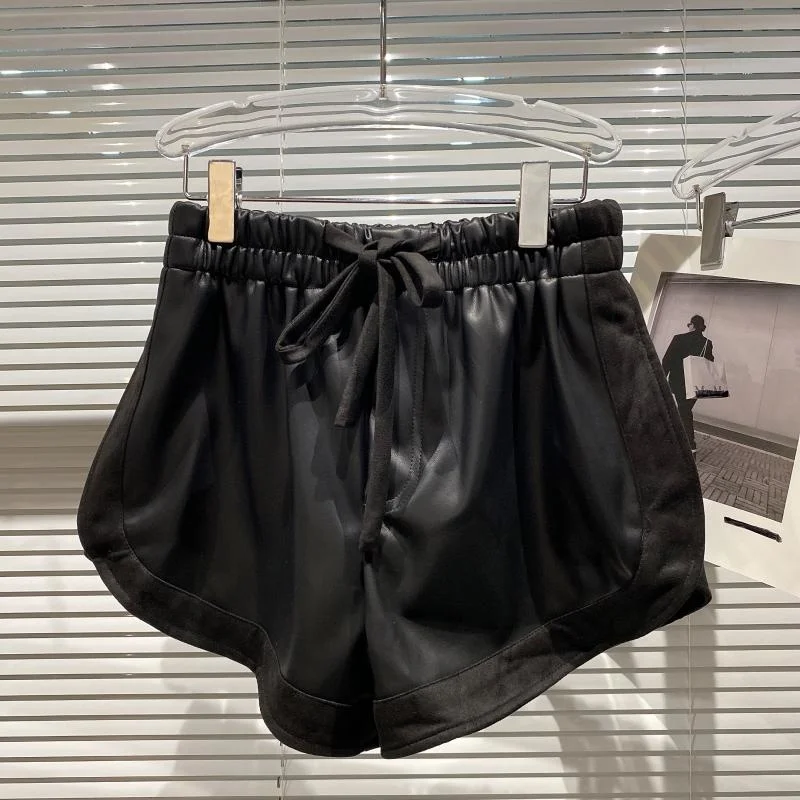 

Женские замшевые шорты с вышивкой по краям, черные уличные модные шорты из искусственной кожи с эластичным поясом для женщин, осень 2021