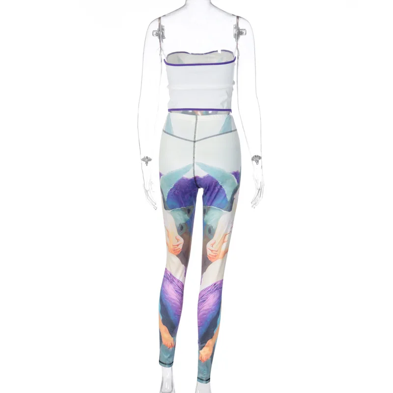 

2021 Renaissance Retro Fashion Print 2 Piece Sets Womens Outfits Sexy Clubwear Corset Crop Tops and Leggings C16-CB19