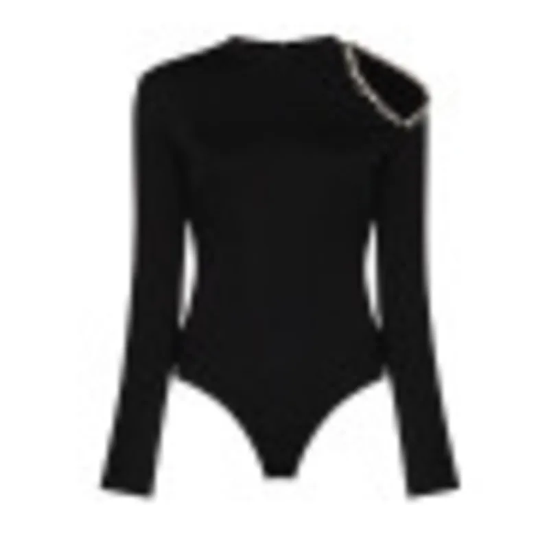 

[DEAT] O-neck One Shoulder Cut Out Flash Diamond One Piece Top Long Sleeve T-shirt Sexy Black Jumpsuit Female 2021 Spring GX754