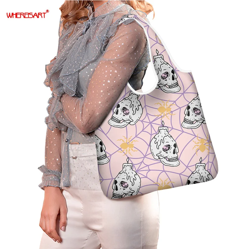 

WHEREISART Halloween Skull Spider Web Print Women Portable Tote Bag High Quality Fashion Shoulder Bag Soft Female Shopping Bags