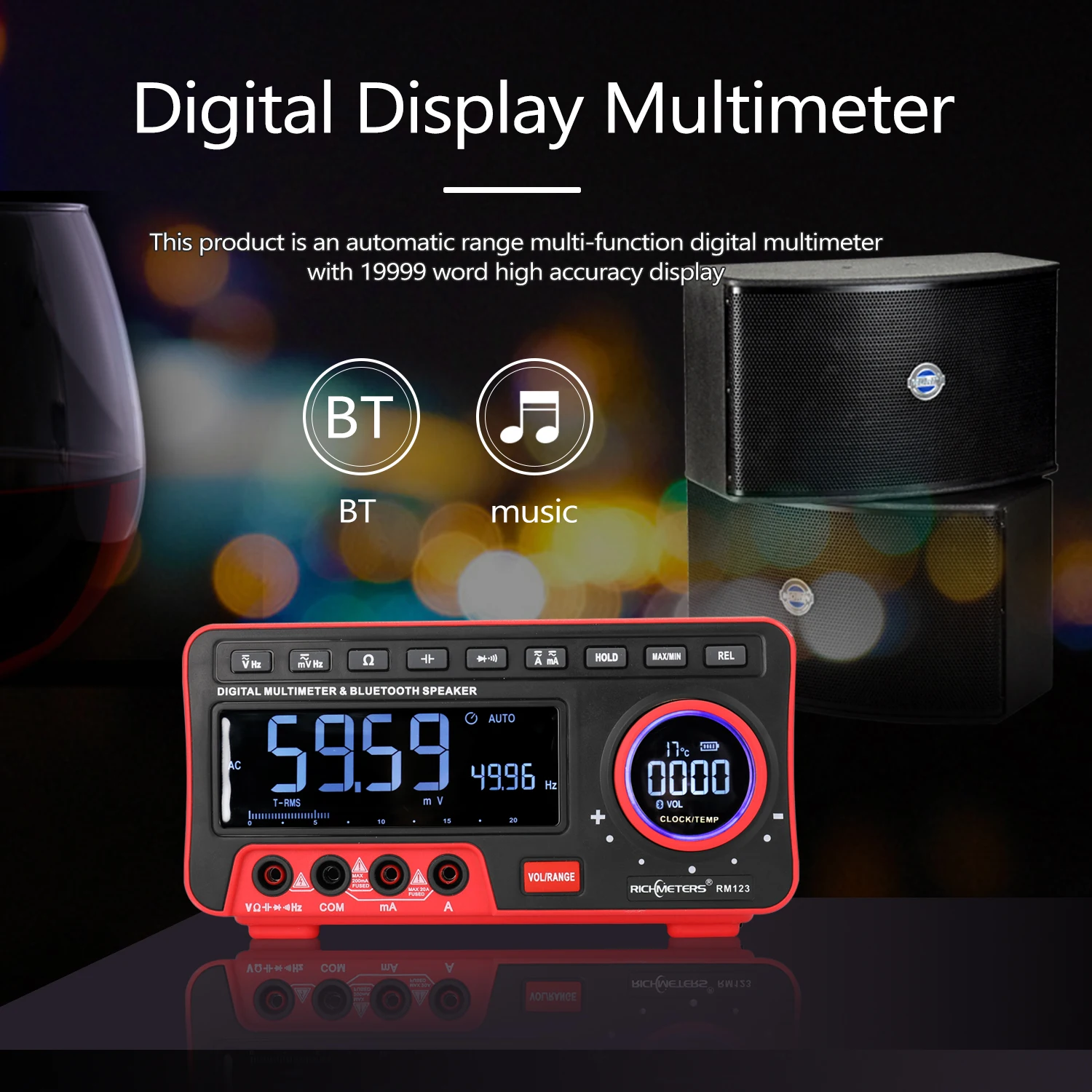 

RICHMETERS AN888S Multifunctional Digital Display Multimeter 19999 High Accuracy Counts Automatic Range BT Audio Multimeter