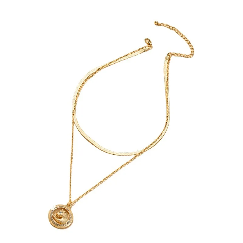 

High Grade Elegant Gold Double Layered Round Animal Rhinestone Pendant Snake Choker Chains Necklace Women Fine Jewelry Gift