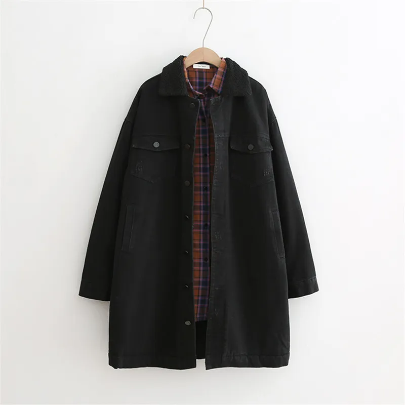 Осенне-зимняя черная джинсовая куртка с подкладкой из овечьей шерсти женское