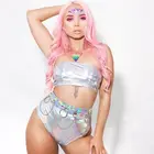 Голографический комплект из двух предметов, Женский Блестящий Топ без бретелек, сексуальный топ с металлическими трубами и шорты, праздничная Клубная одежда