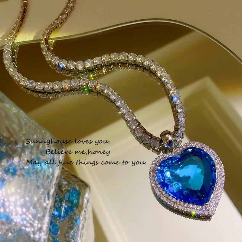 CC Sea Heart Blue Necklace for Women Wedding Accessories Bridal Bijoux Engagement Jewelry Shining Charms Luxury Choker Gift S003