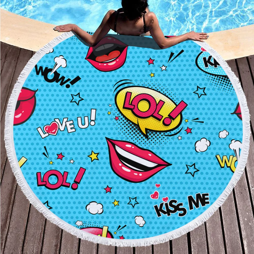 

Round printed beach towel European and American style microfiber plus tassels feel soft