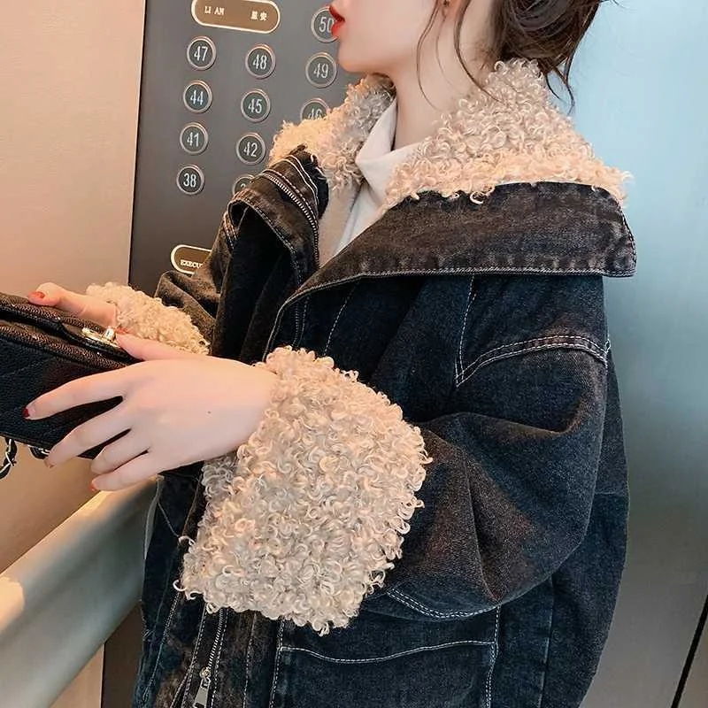 

Denim Coat Female 2021 New Autumn And Winter Versatile Cashmere Imitation Lamb Wool Ins Large Denim Cotton Coat Fashion