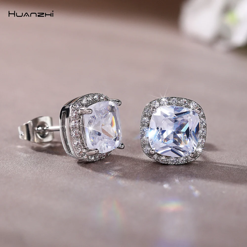 

HUANZHI Colorful Square Zircon Stud Earrings Luxury Shining for Women's Wedding Fashion Earring Party Travel Jewelry Gifts