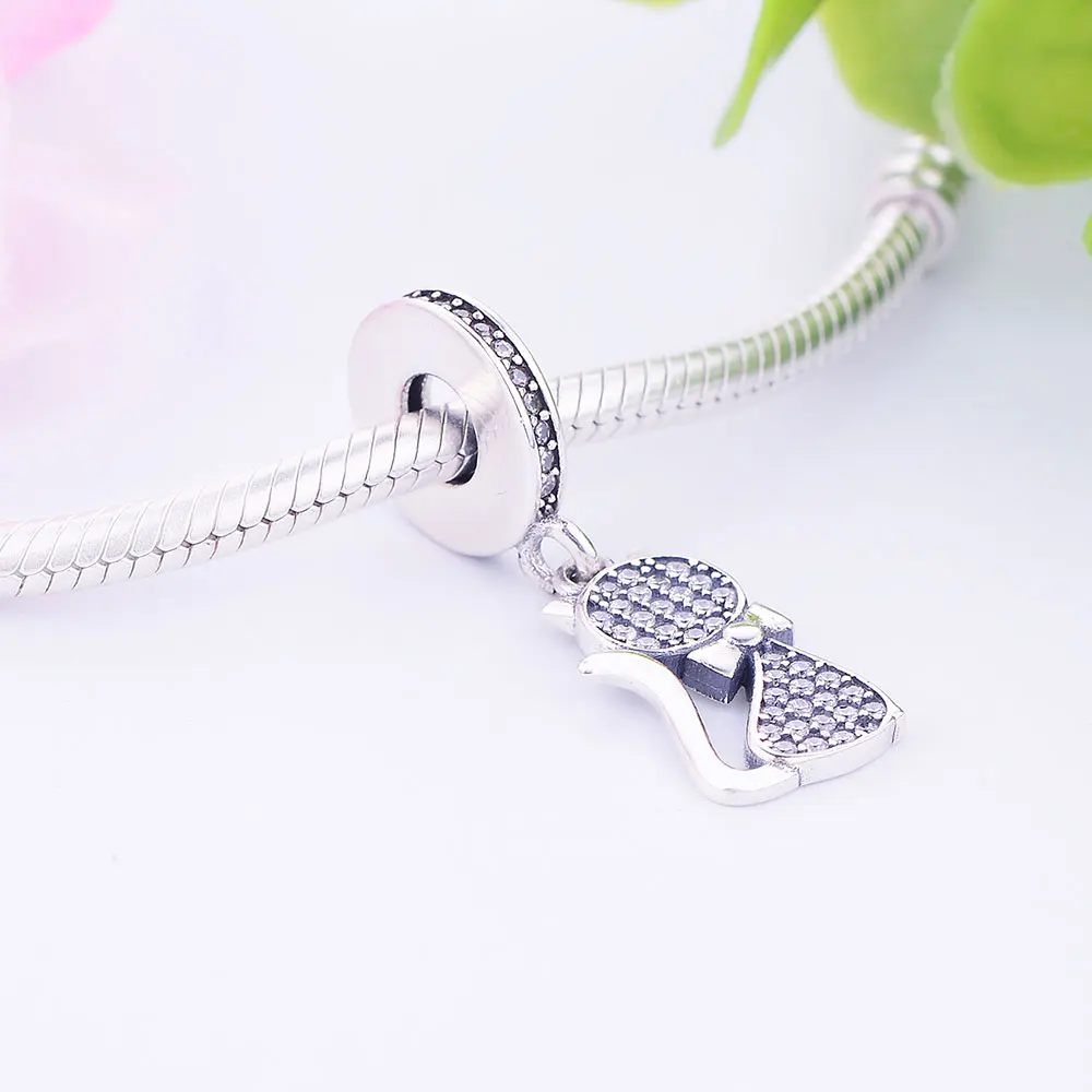 925 стерлингового серебра милое животное кошка очарование бисера с прозрачными