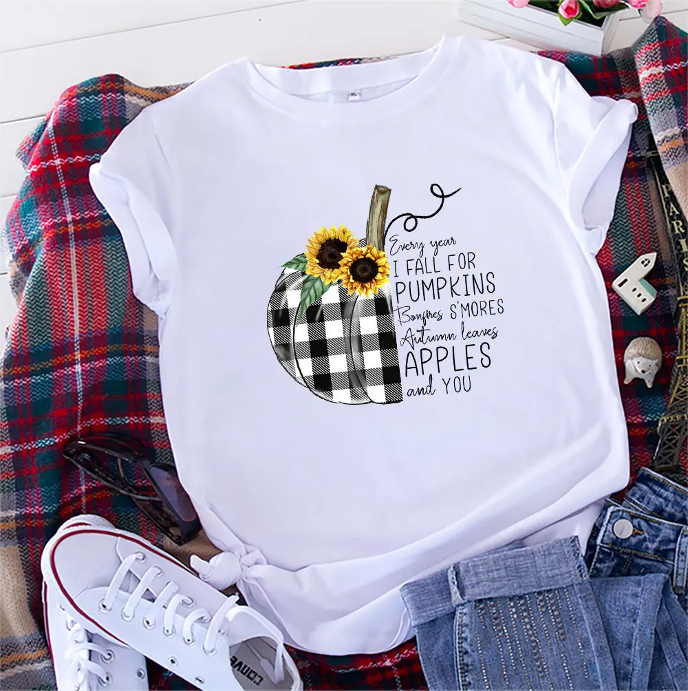

100%Cotton T Shirt Women Plus Size New Pumpkin Letters Printed TShirt O Neck Short Sleeve Tees Casual Summer Top