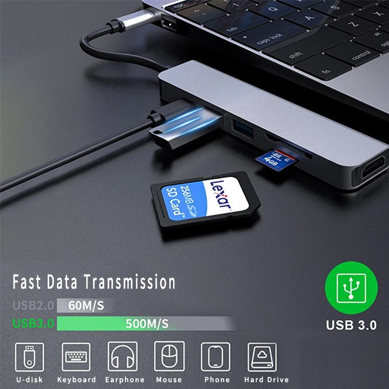 Адаптер USB C для Macbook многопортовый адаптер C-HDMI 6 в 1 совместимый с ноутбуками и