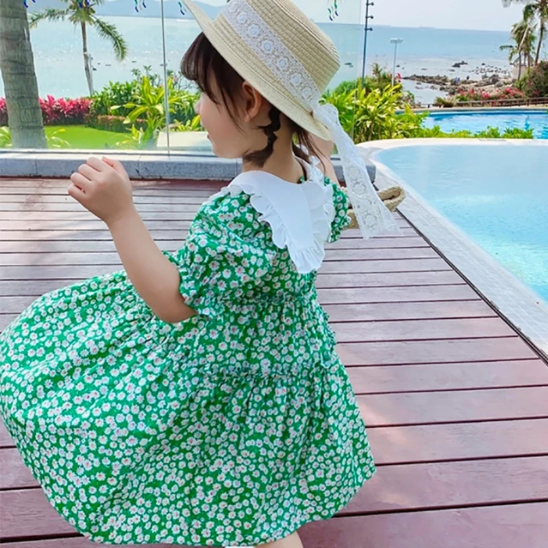 

Girls Floral Dress Summer kids Sweet Lady Doll Navy Collar Flowers Lovely Dress Lantern Sleeve Princess Dresses for Children