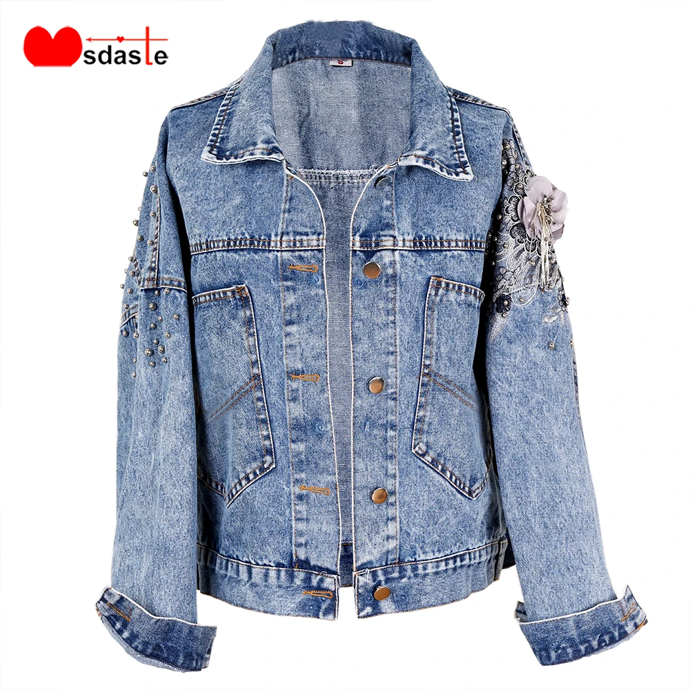 Women Denim Jeans Jackets Coats Long Sleeve Appliques Flower Decoration Washed Vintage Casual Woman Jean Jacket Coat Outerwear