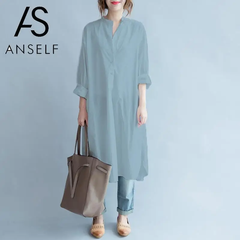 Женская свободная рубашка с карманами ANSELF однотонная блузка круглым вырезом и