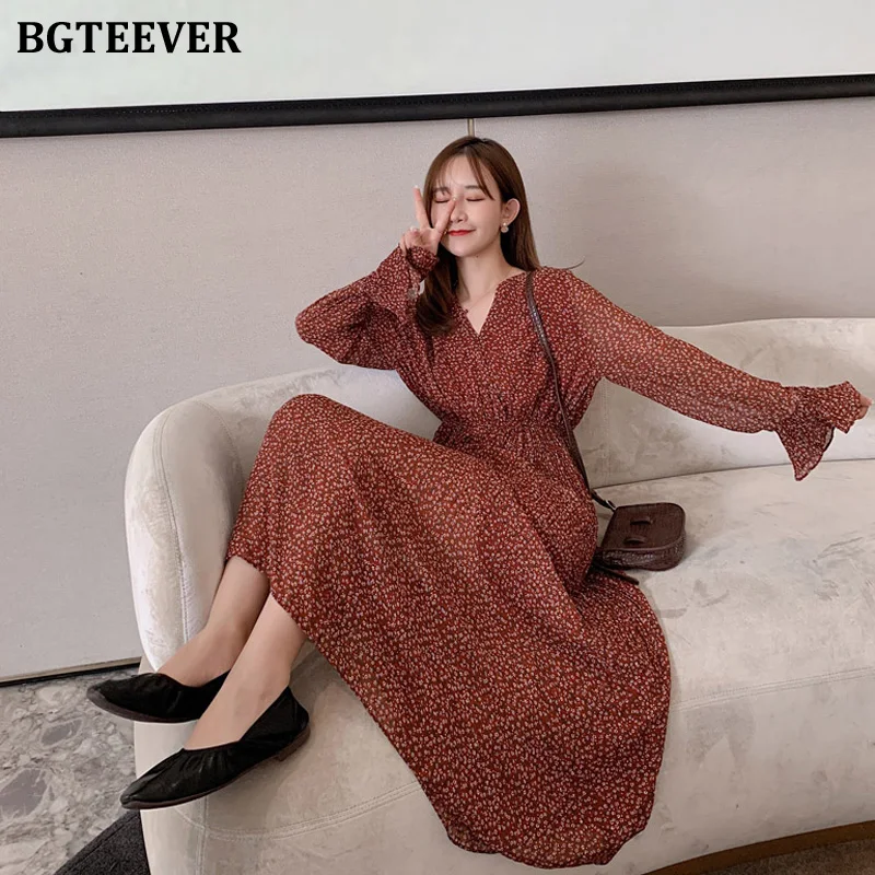 Женское шифоновое платье миди BGTEEVER повседневное Цветочное с v образным вырезом