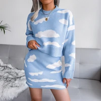 sweater autumn knitted sweater o neck white cloud knitted wrapped hip skirt two piece womens warm sweater pullover street wear